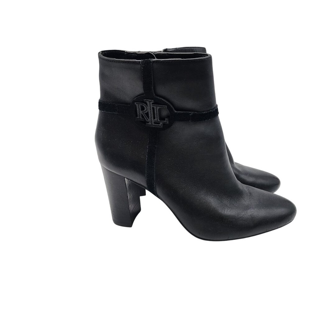 Ralph Lauren Marleigh  Black Leather Ankle Booties With Block Heel & Side Zipper